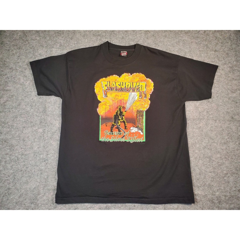 Vintage T Shirt Firefighter Flashover Single Stitch Fire Graphic Black 90s XL